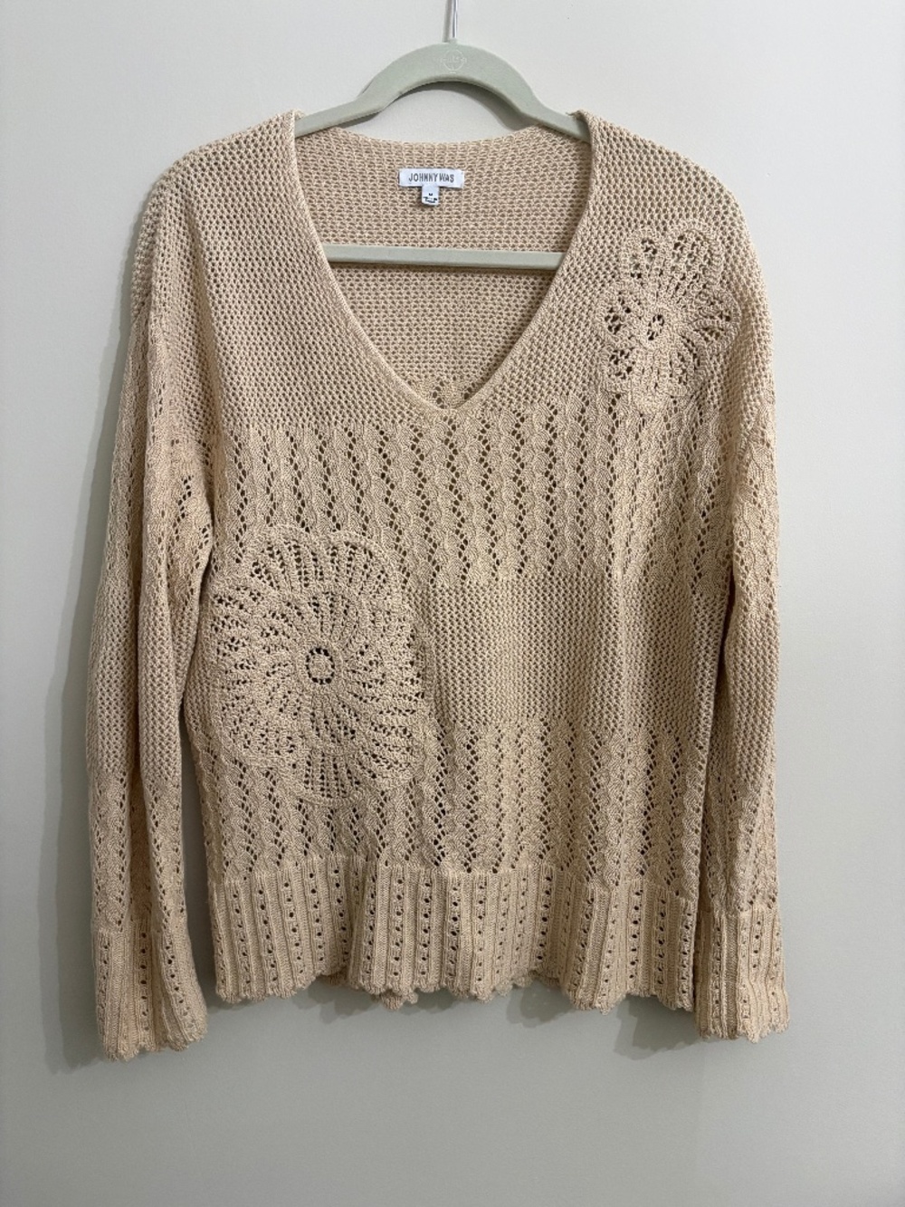 Johnny Was Openwork Pullover Natural Crochet Sweater Size M